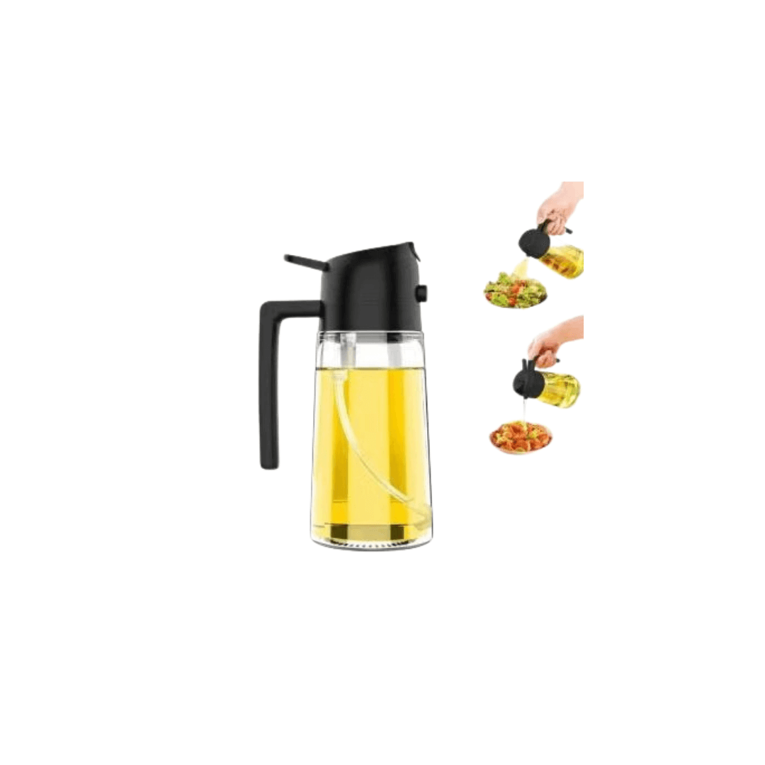 2-in-1 oil dispenser bottle with spray nozzle for easy oil dispensing and misting in the kitchen.