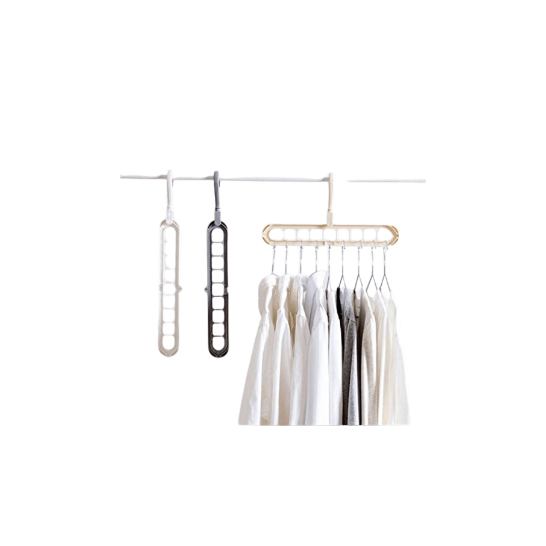 Space saving hanger organizer holding multiple garments neatly, maximizing wardrobe space and preventing wrinkles.