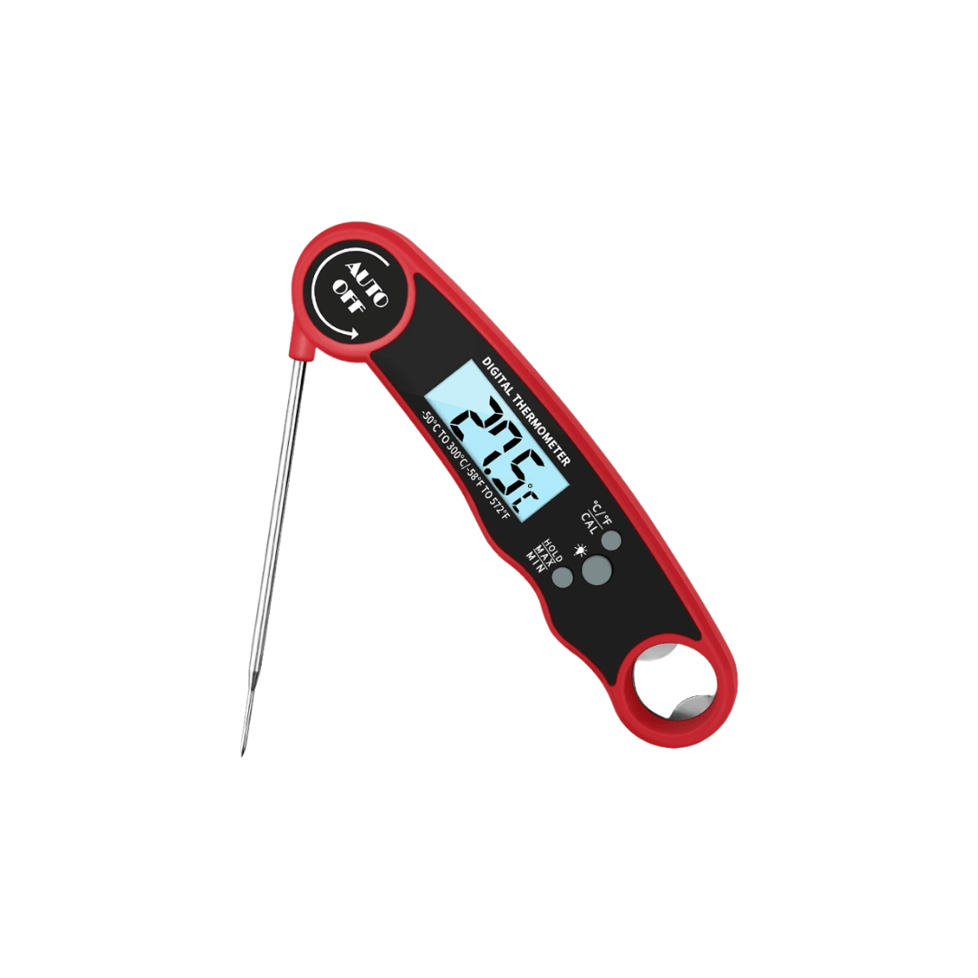 Instant read meat thermometer in red, featuring a digital display and stainless steel probe for accurate cooking temperatures.